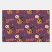 Retro Spooky Kitten Pumpkin Moons auf dunklen Lila Geschenkpapier Set (Vorderseite)