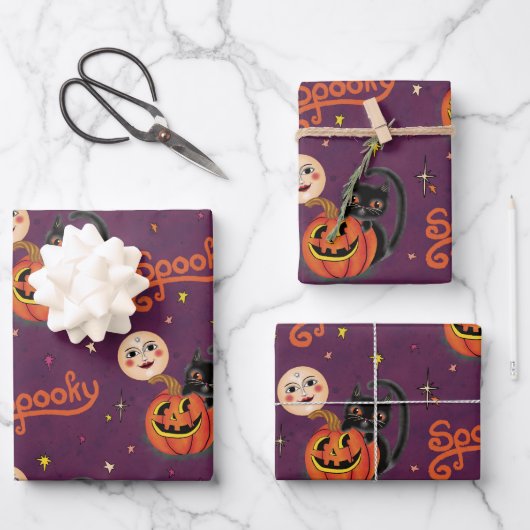 Retro Spooky Kitten Pumpkin Moons auf dunklen Lila Geschenkpapier Set (Vorderseite)