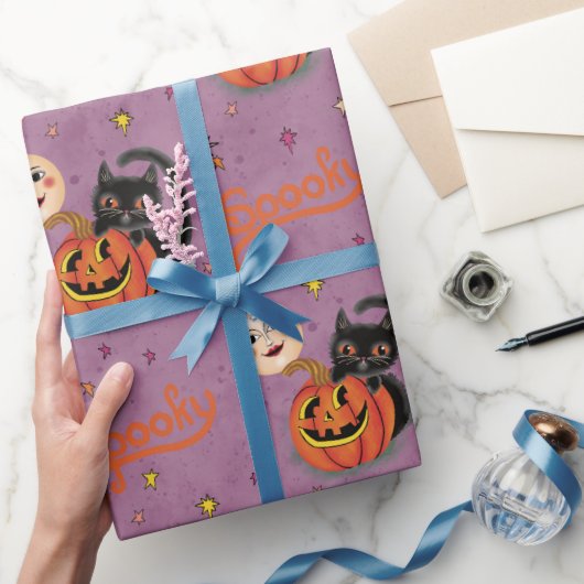 Retro Spooky Kitten Pumpkin Moons auf Lila Geschenkpapier (Schenken)