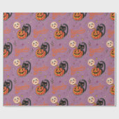 Retro Spooky Kitten Pumpkin Moons auf Lila Geschenkpapier (Flach)