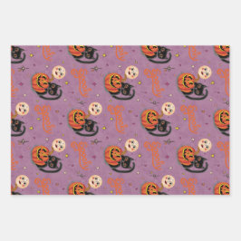 Retro Spooky Kitten Pumpkin Moons auf Lila Geschenkpapier Set