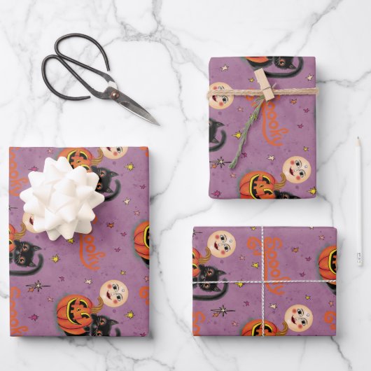 Retro Spooky Kitten Pumpkin Moons auf Lila Geschenkpapier Set (Vorderseite)