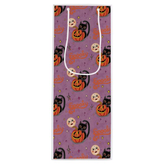 Retro Spooky Kitten Pumpkin Moons auf Lila Geschenktüte Für Weinflaschen (Vorderseite)
