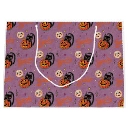 Retro Spooky Kitten Pumpkin Moons auf Lila Große Geschenktüte