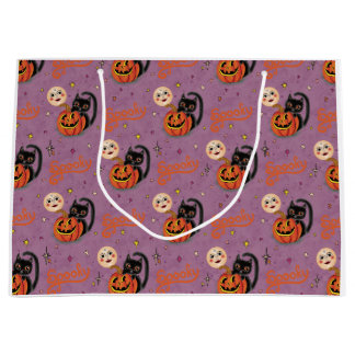 Retro Spooky Kitten Pumpkin Moons auf Lila Große Geschenktüte