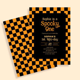 Retro Spooky One Checkered Orange 1st Birthday Einladung