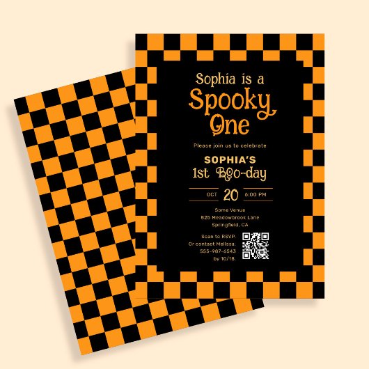 Retro Spooky One Checkered Orange 1st Birthday Einladung