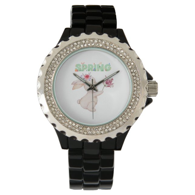 Retro Spring Bunny with Tulip Graphic Tee Armbanduhr (Vorderseite)