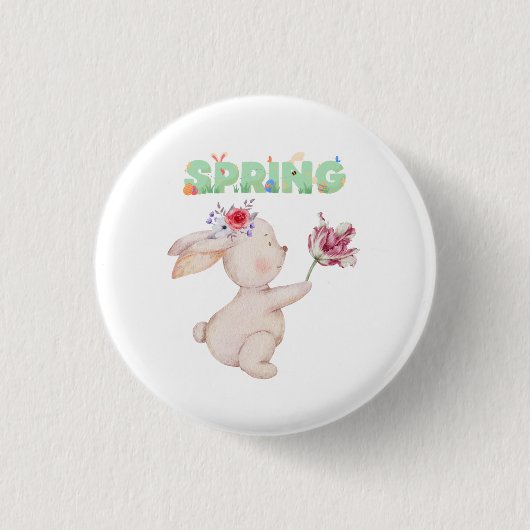 Retro Spring Bunny with Tulip Graphic Tee Button (Vorderseite)