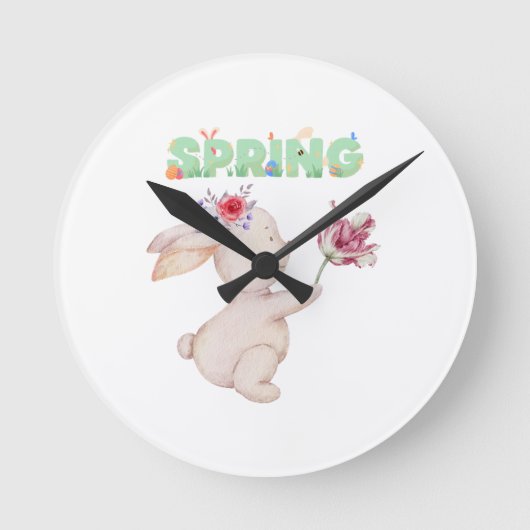 Retro Spring Bunny with Tulip Graphic Tee Runde Wanduhr (Vorderseite)