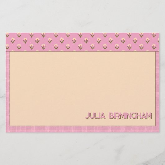 Retro Spring Hand Drawn Pink Floral and Grid Briefpapier (Vorderseite)