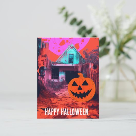 Retro Spuk Halloween House Pink Orange Blue Postkarte (Stehend Vorderseite)