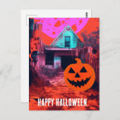 Retro Spuk Halloween House Pink Orange Blue Postkarte (Vorne/Hinten)