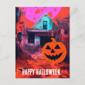 Retro Spuk Halloween House Pink Orange Blue Postkarte (Vorderseite)