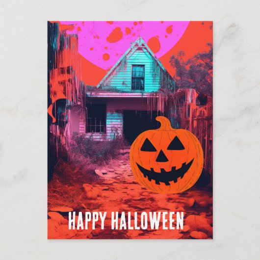 Retro Spuk Halloween House Pink Orange Blue Postkarte (Vorderseite)