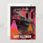 Retro Spuk Halloween House Pink Orange Ghosts Postkarte (Vorne/Hinten)