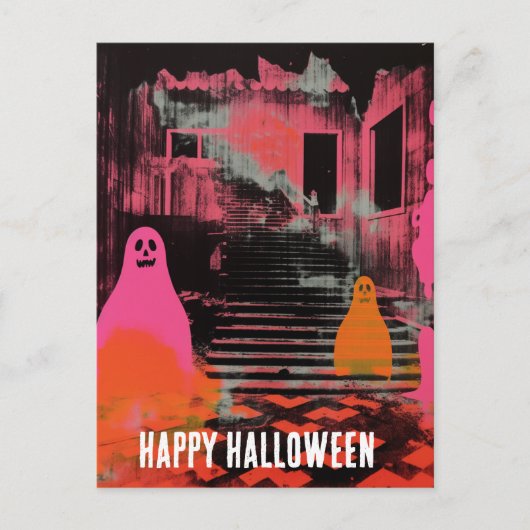 Retro Spuk Halloween House Pink Orange Ghosts Postkarte (Vorderseite)