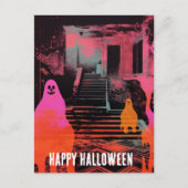 Retro Spuk Halloween House Pink Orange Ghosts Postkarte (Vorderseite)