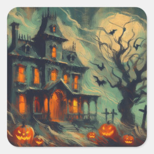 Retro Spuk Haus mit Jack-o'-Laterne Spooky Quadratischer Aufkleber