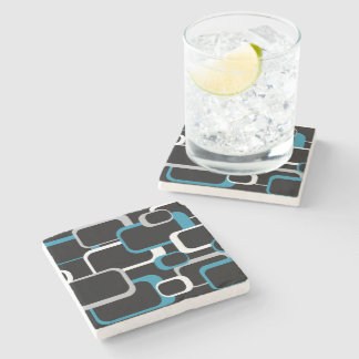 Retro Squares Blue Grau Weiß Muster Schwarz Steinuntersetzer