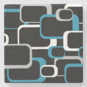 Retro Squares Blue Grau Weiß Muster Schwarz Steinuntersetzer (Vorderseite)