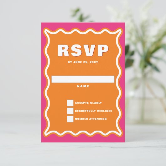 Retro Squiggle Wavy Curve Pink Orange Wedding RSVP Karte (Stehend Vorderseite)
