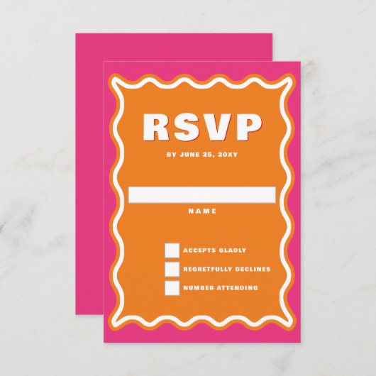 Retro Squiggle Wavy Curve Pink Orange Wedding RSVP Karte (Vorne/Hinten)