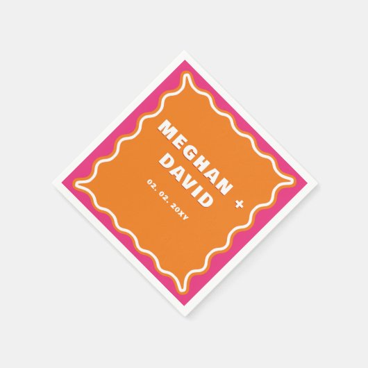 Retro Squiggle Wavy Curve Pink Orange Wedding Serviette (Ecke)