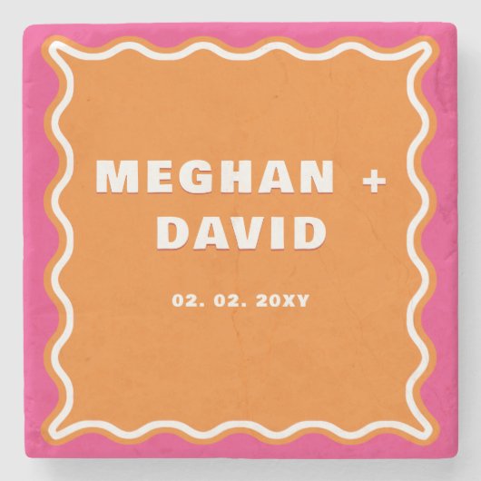 Retro Squiggle Wavy Curve Pink Orange Wedding Steinuntersetzer (Vorderseite)