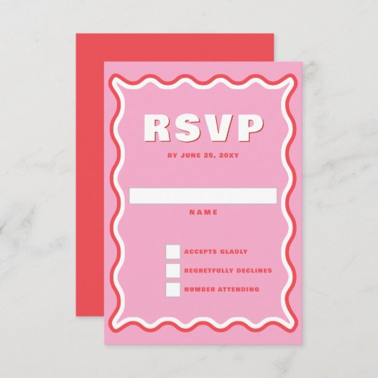 Retro Squiggle Wavy Curve Pink Red Wedding RSVP Karte (Vorne/Hinten)