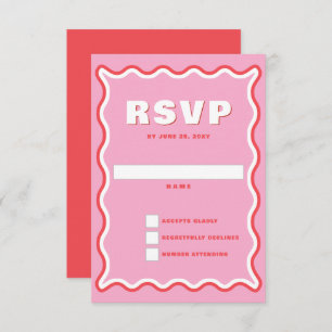 Retro Squiggle Wavy Curve Pink Red Wedding RSVP Karte