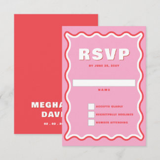 Retro Squiggle Wavy Curve Pink Red Wedding RSVP Karte