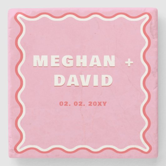 Retro Squiggle Wavy Curve Pink Red Wedding Steinuntersetzer (Vorderseite)