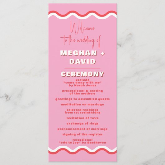 Retro Squiggle Wavy Pink Red Wedding Programm (Vorderseite)