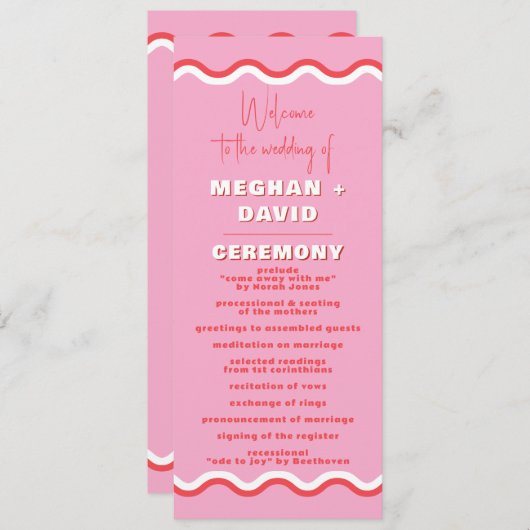 Retro Squiggle Wavy Pink Red Wedding Programm (Vorne/Hinten)