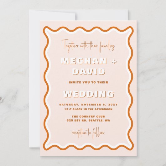Retro Squiggle Wavy Terracotta Foto Wedding Einladung (Vorderseite)