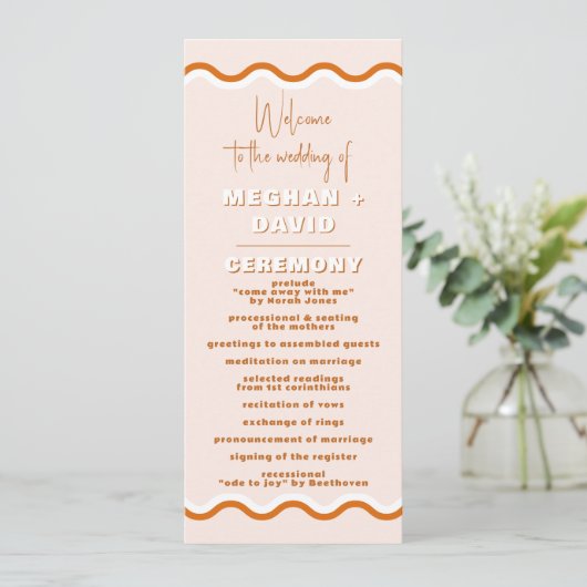 Retro Squiggle Wavy Terracotta Wedding Program Programm (Stehend Vorderseite)