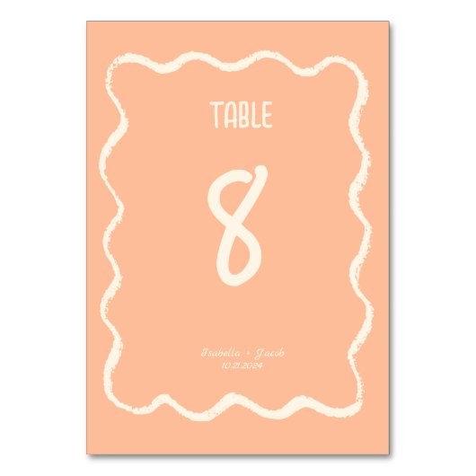 Retro Squiggle Whimsical Quirky Peach Wedding Tischnummer (Vorderseite)