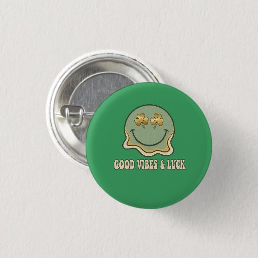 Retro St. Patrick's Day Good Vibes & Luck Smiley Button (Vorne & Hinten)