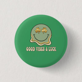 Retro St. Patrick's Day Good Vibes & Luck Smiley Button