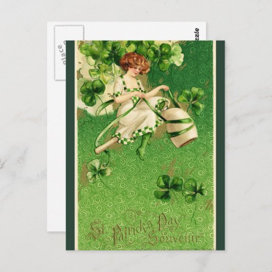Retro St. Patrick's Day Irische Frau und Kleeblätt Postkarte (Vorne/Hinten)