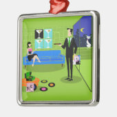 Retro städtische Cartoon-Paar-Weihnachtsverzierung Silbernes Ornament (Links)