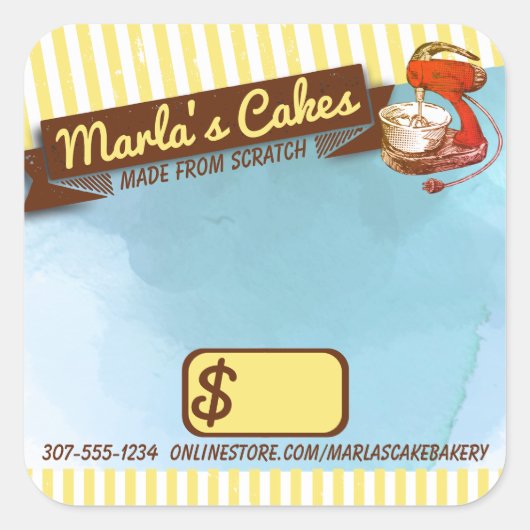 Retro Stand Mixer Kuchen Backwaren Preis quadratis Quadratischer Aufkleber (Vorderseite)