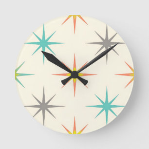 Retro Starburst-Muster im Stil der Mitte des Jahrh Runde Wanduhr