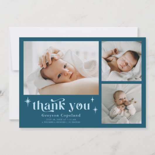 Retro Stars Boy Aquamarin Birth Announcement Card Ankündigung (Vorderseite)