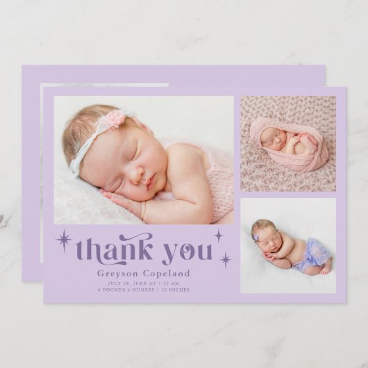 Retro Stars Boy Lila Birth Ankündigung (Vorne/Hinten)