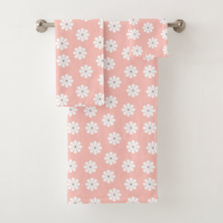 Retro Staubiges Rosa Weiße Gänseblümchen Blumenmus Badhandtuch Set