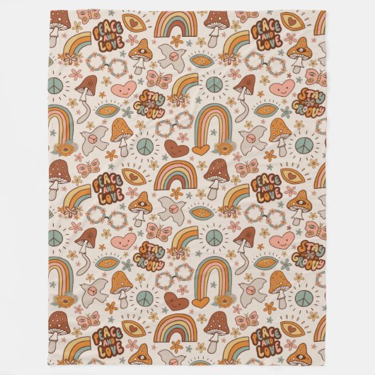 Retro Stay Groovy Peace and Love Mushrooms Blanket Fleecedecke (Vorderseite)