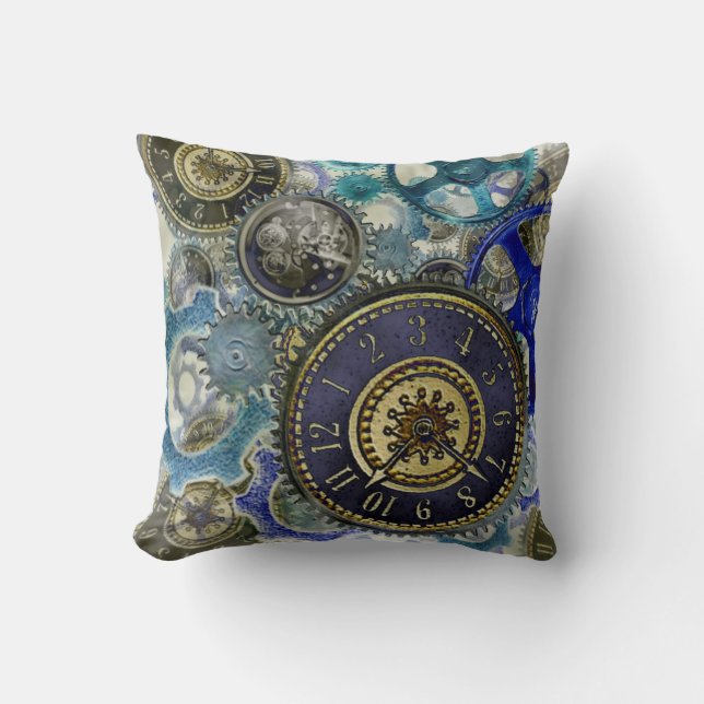 Retro Steampunk Cushion Uhren Zahnräder blau Kissen (Vorderseite)