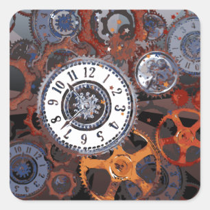 Retro-Steampunk-Uhrenteile, Zahnräder und Zahnräde Quadratischer Aufkleber